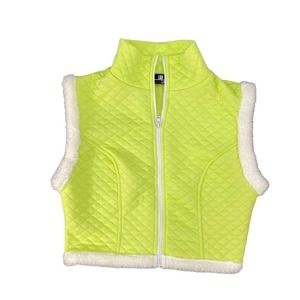 Women’s Size M Quilted Vest Neon Lime Green Faux Fur Trim Transitional Lux L A